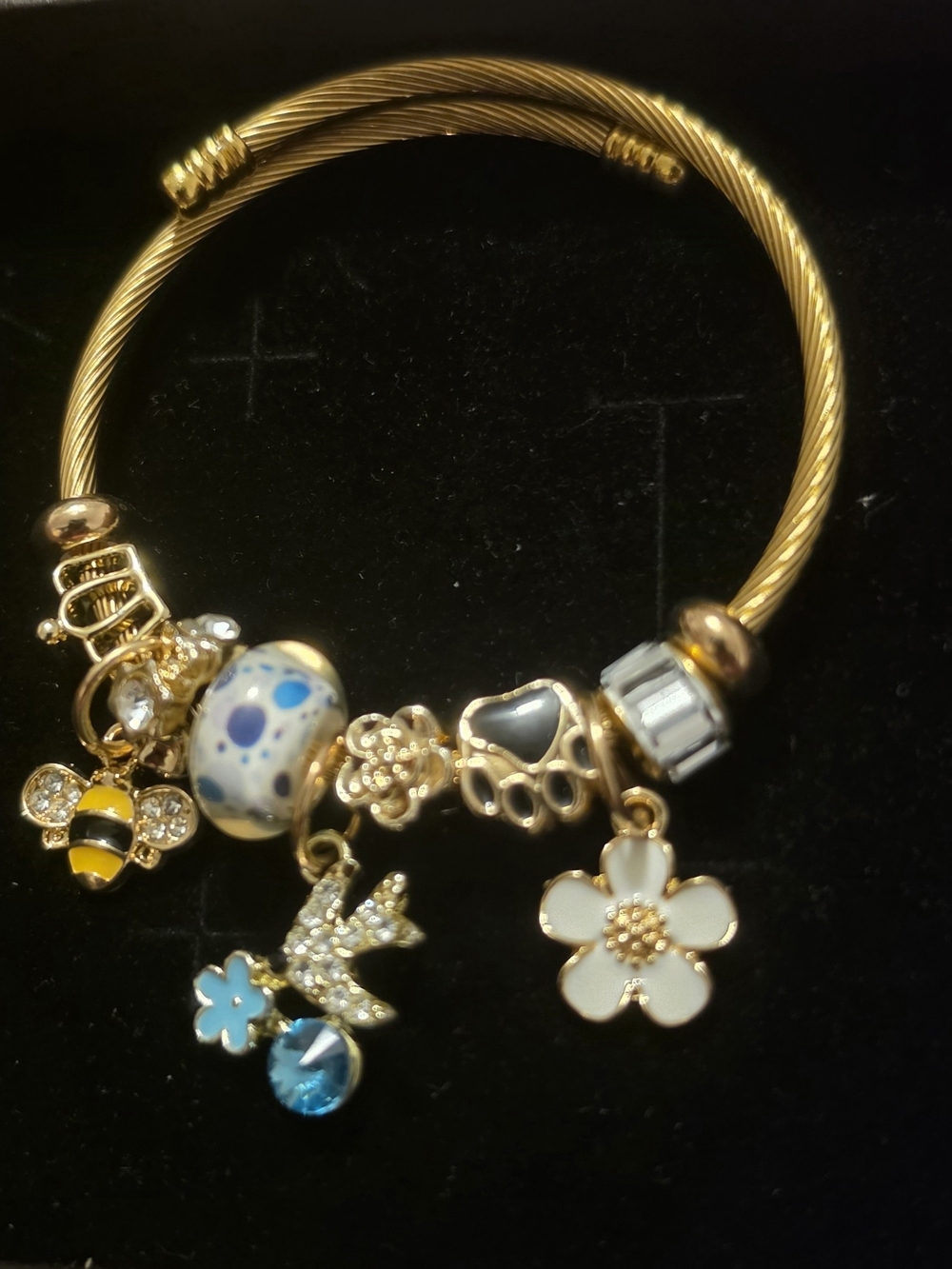 Gold-Tone Floral & Bee Charm Bracelet with Blue Accents